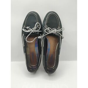 Sperry Boat Shoes Womens 9.5 Navy Blue Excellent Patent Leather Trim Flat Shoe